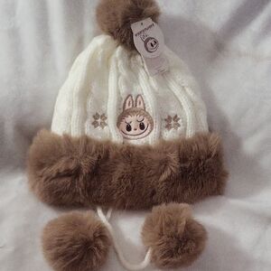 Popland Exclusive White and Brown Knit Beanie with Pom Poms